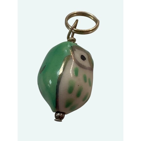 Handcrafted Ceramic Owl Pendant Charm With Gold Detailing & Green Accents - Picture 4 of 6